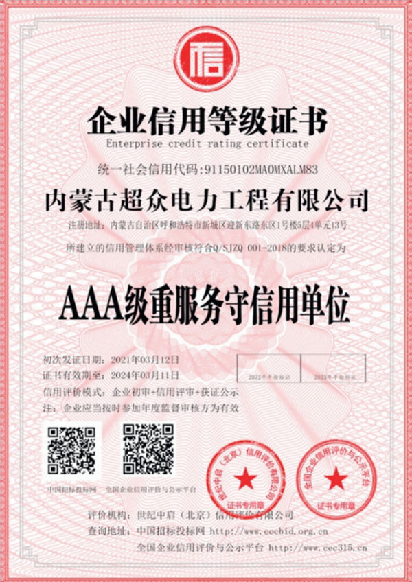 AAA級(jí)重服務(wù)守信用單位